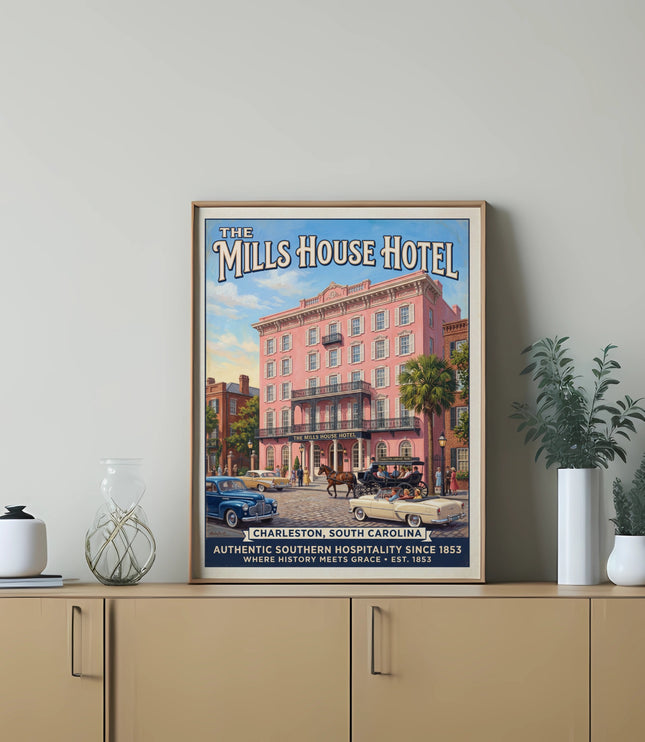 Poster of The Mills House Hotel in Charleston, SC, with vintage cars and horse-drawn carriage.
