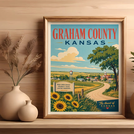 Graham County, Kansas travel poster with sunflowers and text.