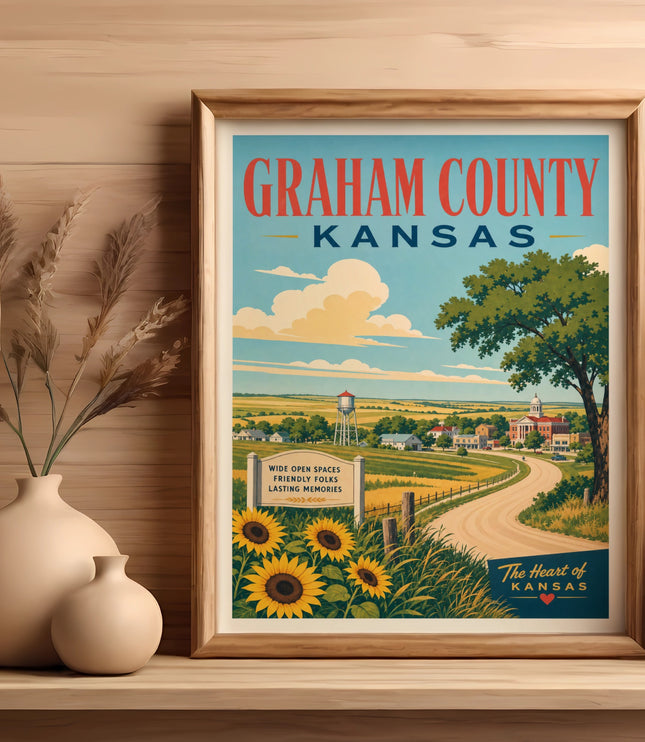 Graham County, Kansas travel poster with sunflowers and text.