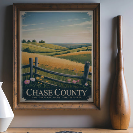 Chase County Tallgrass Prairie Preserve poster with rolling hills and wooden fence.
