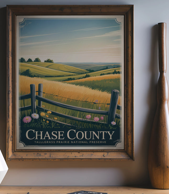 Chase County Tallgrass Prairie Preserve poster with rolling hills and wooden fence.