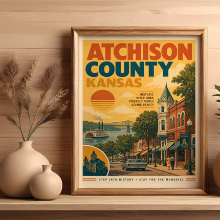 Vintage Atchison County Kansas travel poster with riverboat and historic buildings.