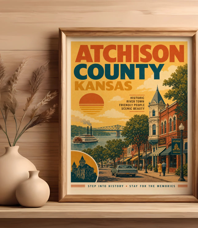Vintage Atchison County Kansas travel poster with riverboat and historic buildings.