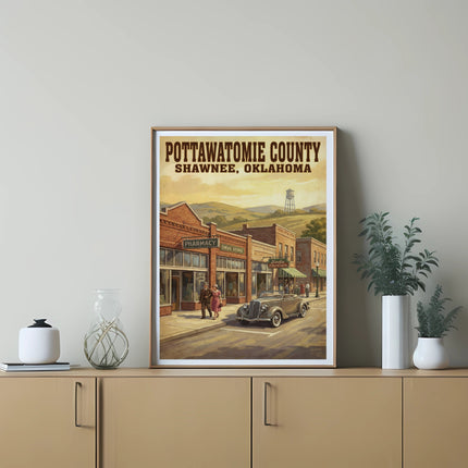 Pottawatomie County, Shawnee, Oklahoma vintage poster with vintage car and buildings.