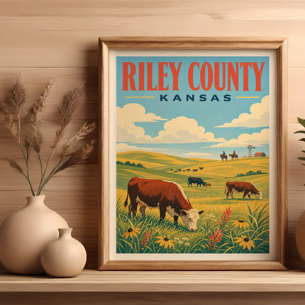 Poster of Riley County, Kansas with cows grazing in a field.