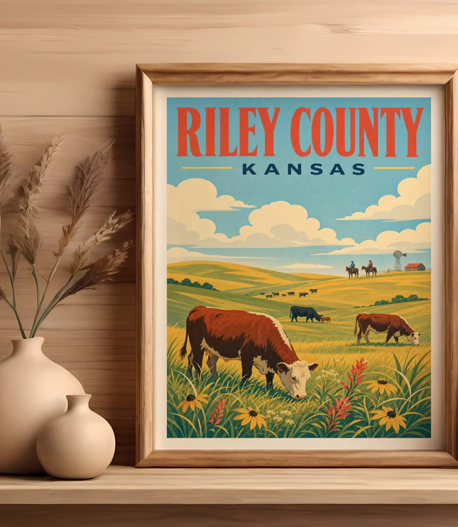 Poster of Riley County, Kansas with cows grazing in a field.