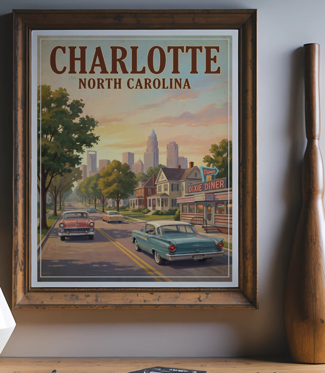 Vintage travel poster of Charlotte, North Carolina with vintage cars and a diner.