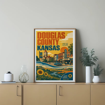 Douglas County Kansas travel poster with sunflowers, downtown Lawrence, and text.