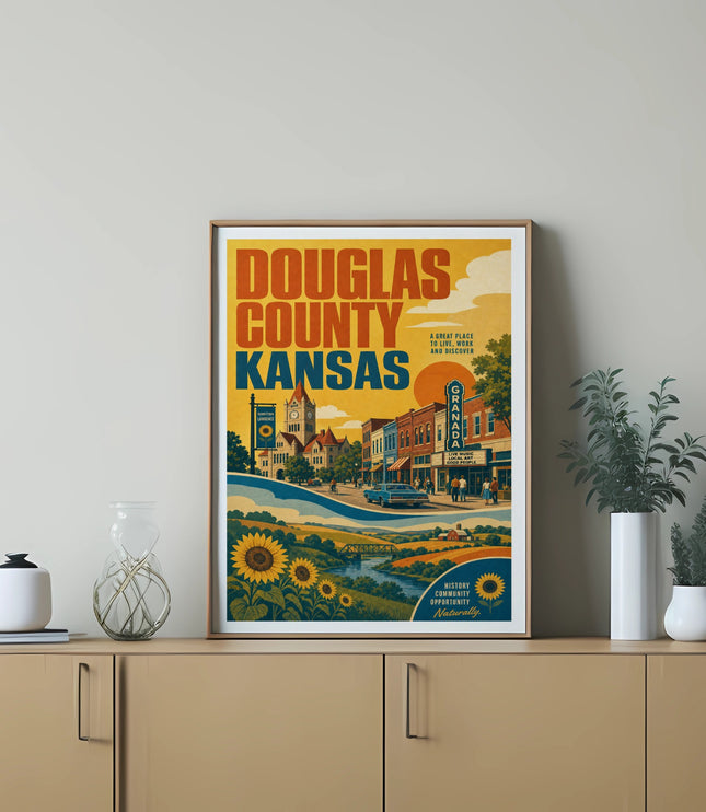 Douglas County Kansas travel poster with sunflowers, downtown Lawrence, and text.