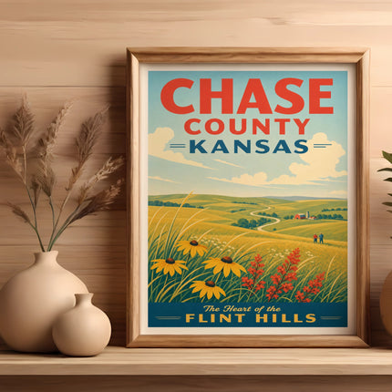 Vintage CHASE COUNTY KANSAS travel poster featuring rolling hills and sunflowers.