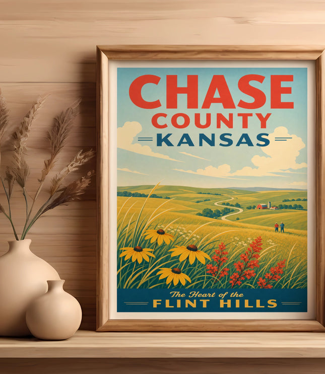 Vintage CHASE COUNTY KANSAS travel poster featuring rolling hills and sunflowers.
