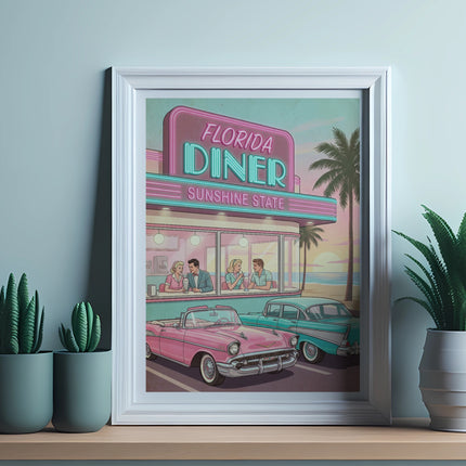 Vintage Florida Diner advertisement with classic cars and people.