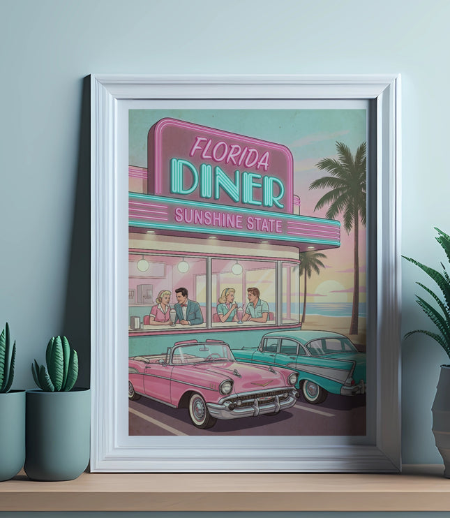 Vintage Florida Diner advertisement with classic cars and people.