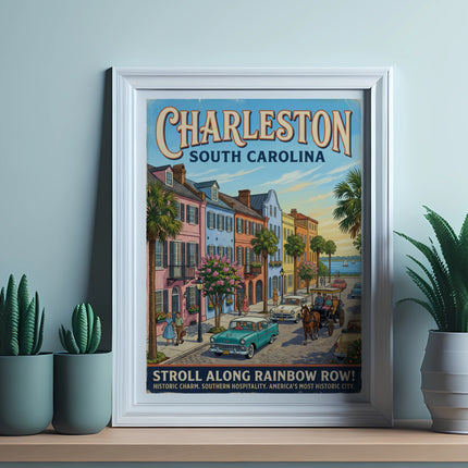 Framed art print of Charleston South Carolina Rainbow Row with vintage cars and people.