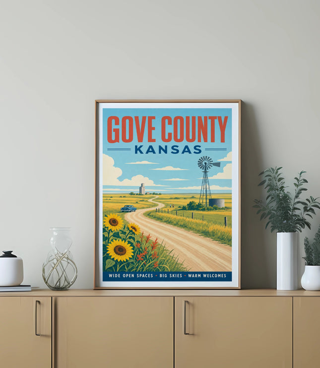 Gove County, Kansas illustration with windmill, sunflowers, and car on dirt road.