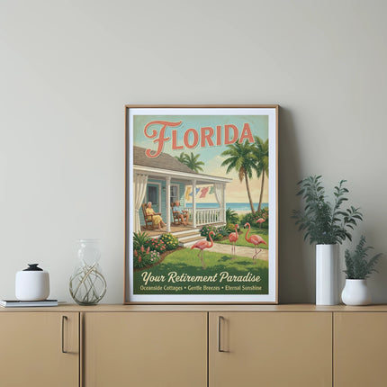 Vintage Florida retirement poster with beach house, palm trees, and flamingos.