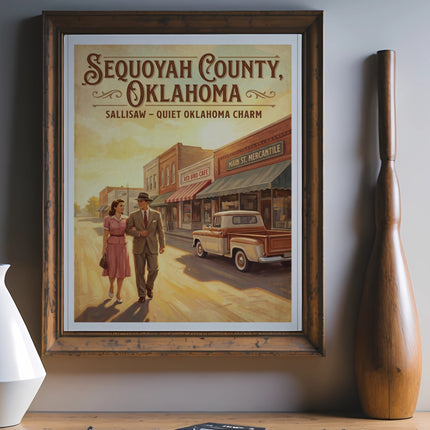 Framed vintage poster of Sequoyah County, Oklahoma with couple and truck.