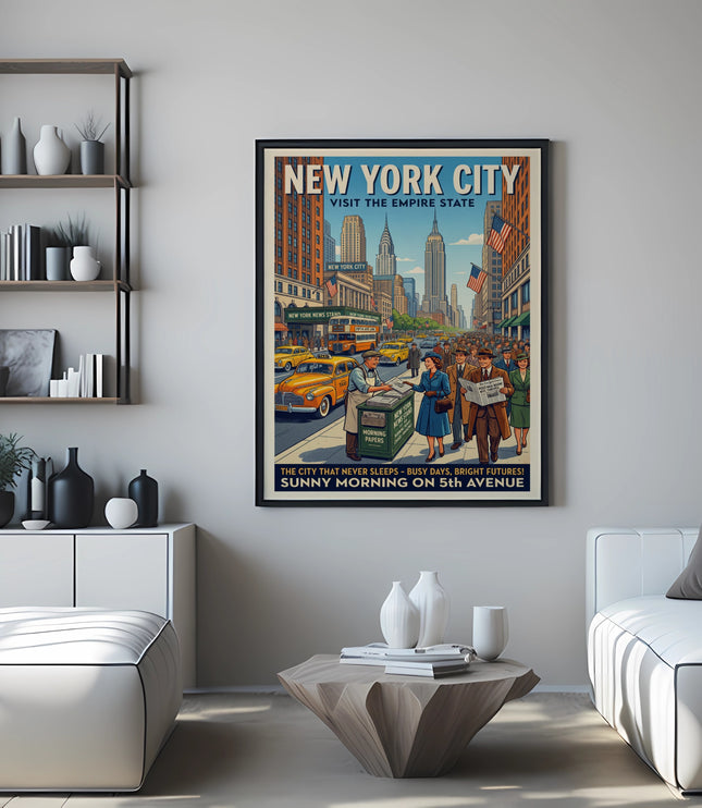 New York City retro travel poster with Empire State Building and 5th Avenue scene.