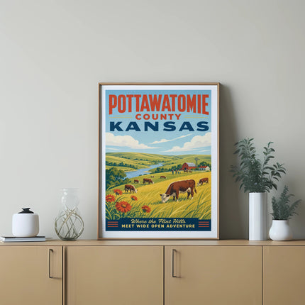 Pottawatomie County Kansas poster with cows and sunflowers on a shelf.