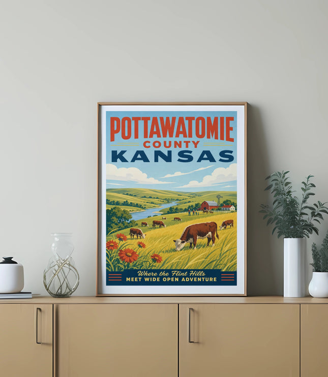 Pottawatomie County Kansas poster with cows and sunflowers on a shelf.