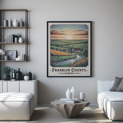 Framed poster of Franklin County, Kansas landscape with rolling hills and a sunset.
