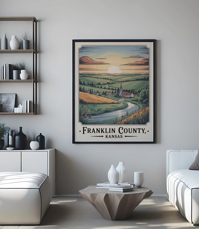 Framed poster of Franklin County, Kansas landscape with rolling hills and a sunset.