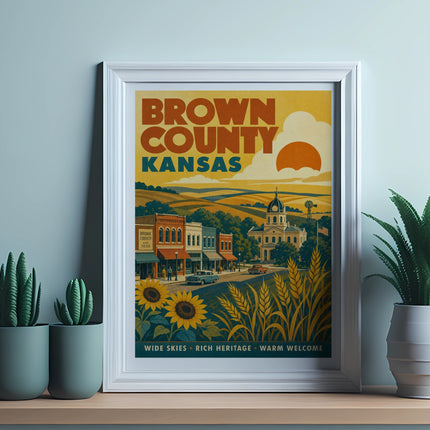Brown County Kansas vintage travel poster with sunflowers and a town scene.