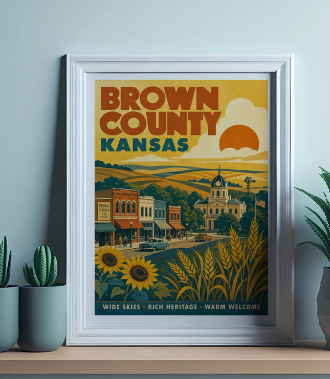 Brown County Kansas vintage travel poster with sunflowers and a town scene.