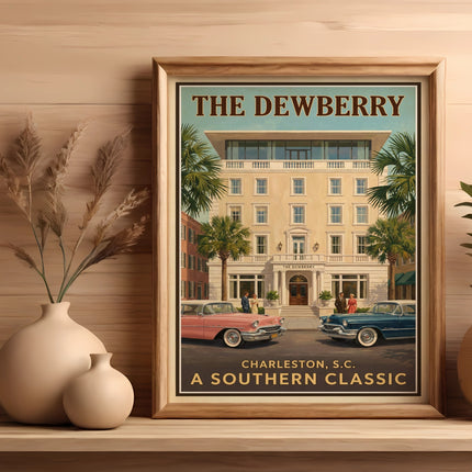 The Dewberry Charleston, S.C. A Southern Classic framed print with vintage cars.
