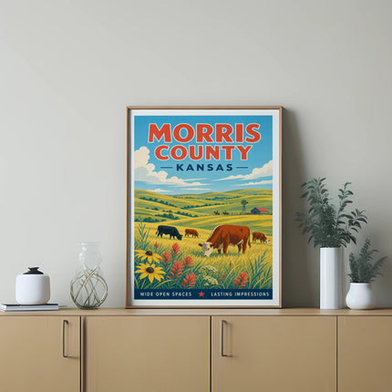 Morris County, Kansas poster with cows, fields, and text.