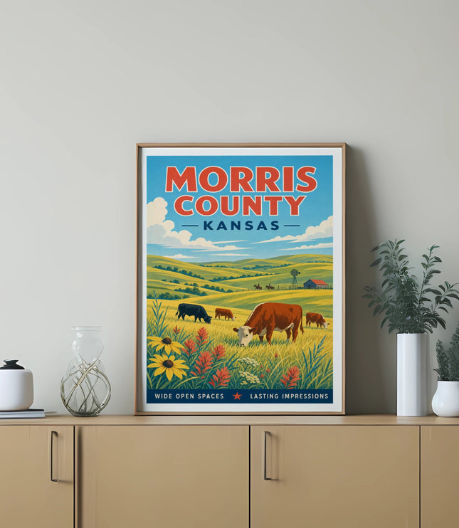 Morris County, Kansas poster with cows, fields, and text.