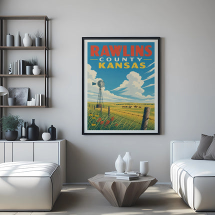 Rawlins County Kansas poster with windmill and cows in a field.