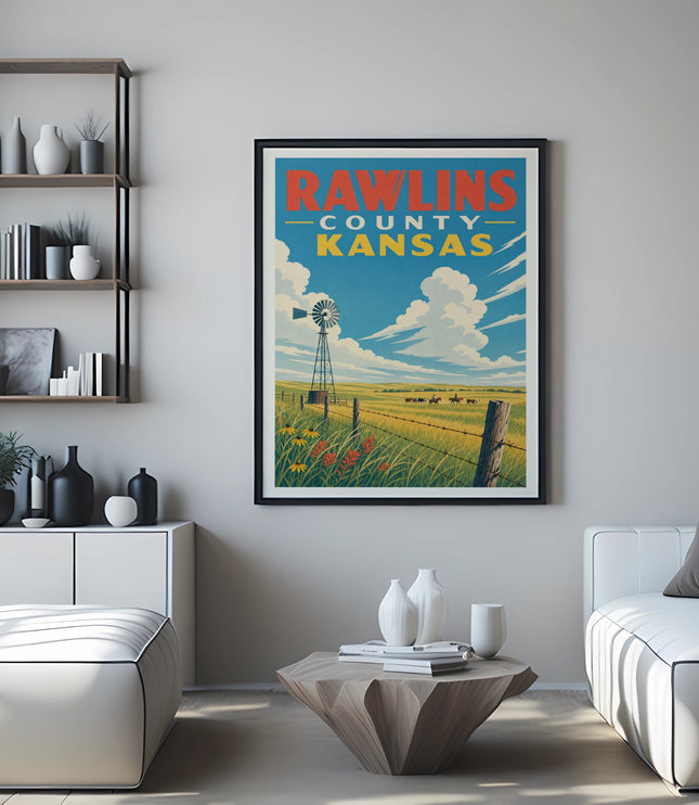 Rawlins County Kansas poster with windmill and cows in a field.