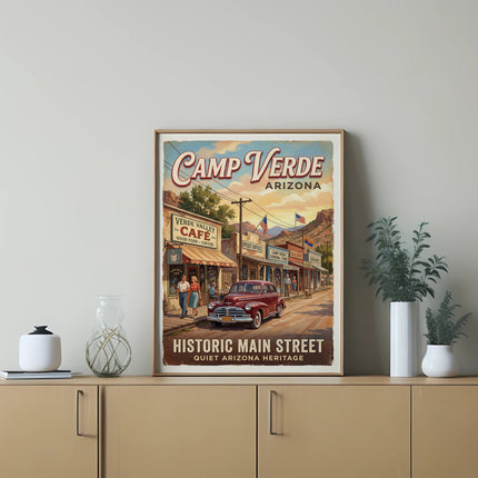 Camp Verde, Arizona vintage travel poster of historic main street with a red car.