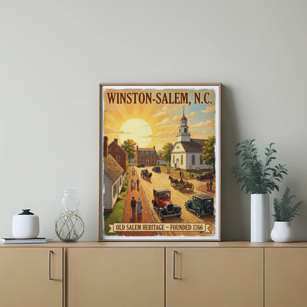 Winston-Salem, N.C. Old Salem Heritage poster featuring vintage cars and people.
