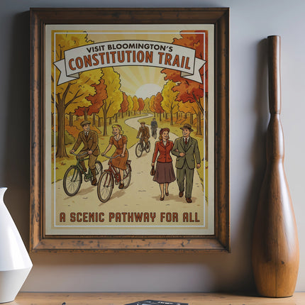 Vintage poster advertising Bloomington's Constitution Trail for cycling and walking.