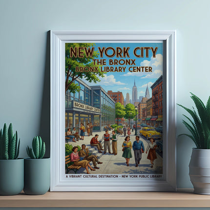 New York City Bronx Library Center poster featuring people and cityscape.