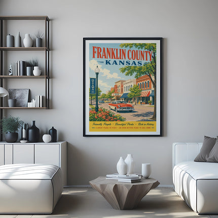Franklin County, Kansas travel poster featuring Ottawa street scene and landmarks.