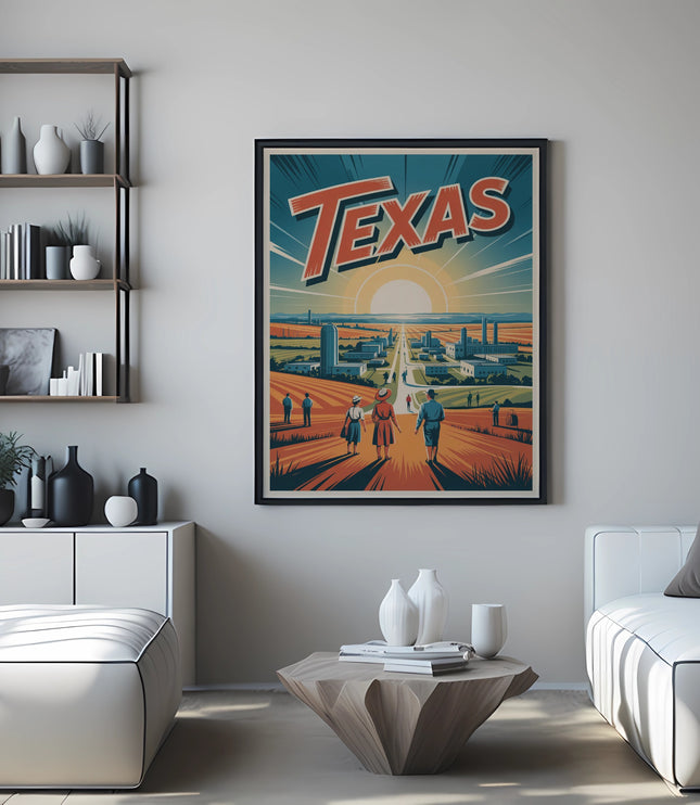 Poster of Texas with sunburst over industrial buildings and people walking.