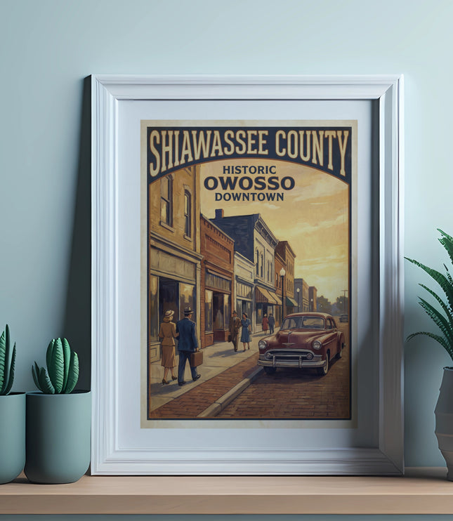 Framed vintage poster of Shiawassee County Historic Owosso Downtown street scene.