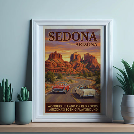 Sedona Arizona vintage travel poster with red rocks and classic cars.