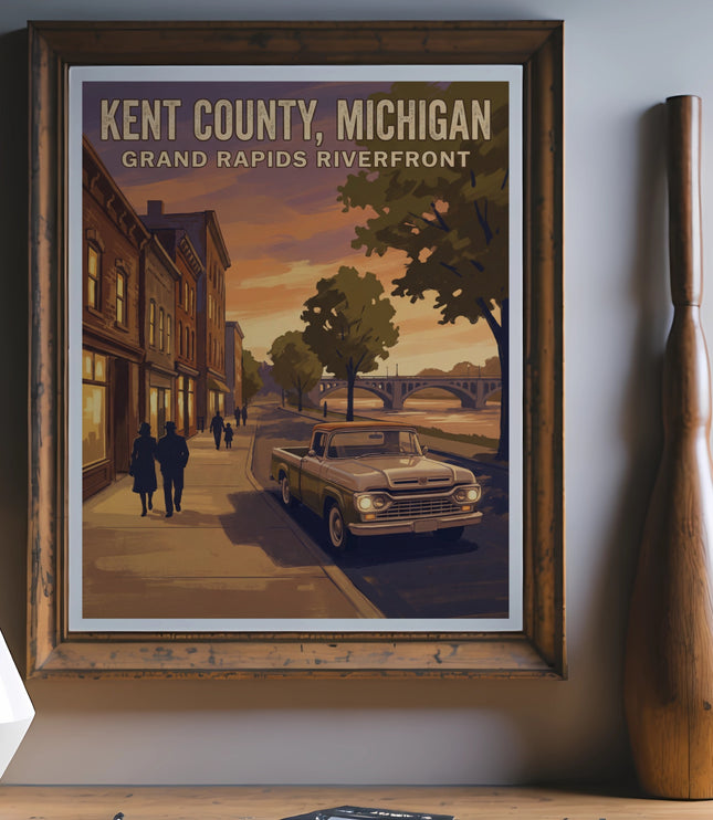 Poster of Kent County, Michigan Grand Rapids Riverfront with vintage truck and people walking.