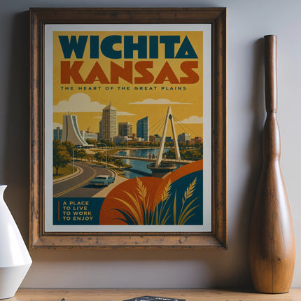Wichita, Kansas vintage travel poster with skyline and wheat illustration.