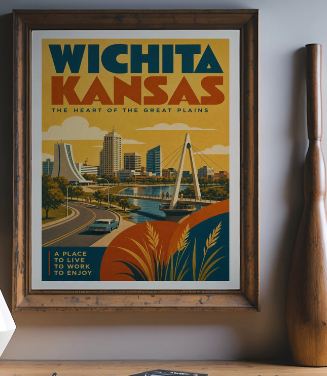 Wichita, Kansas vintage travel poster with skyline and wheat illustration.