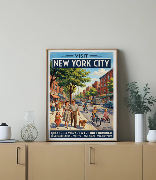 Vintage travel poster for New York City featuring families and shops.