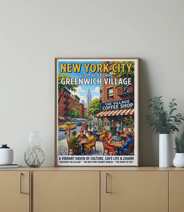 New York City Greenwich Village vintage travel poster with cafe scene.