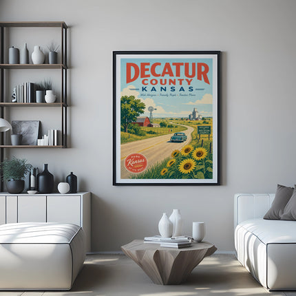 Decatur County, Kansas travel poster with car, sunflowers, and welcome sign.