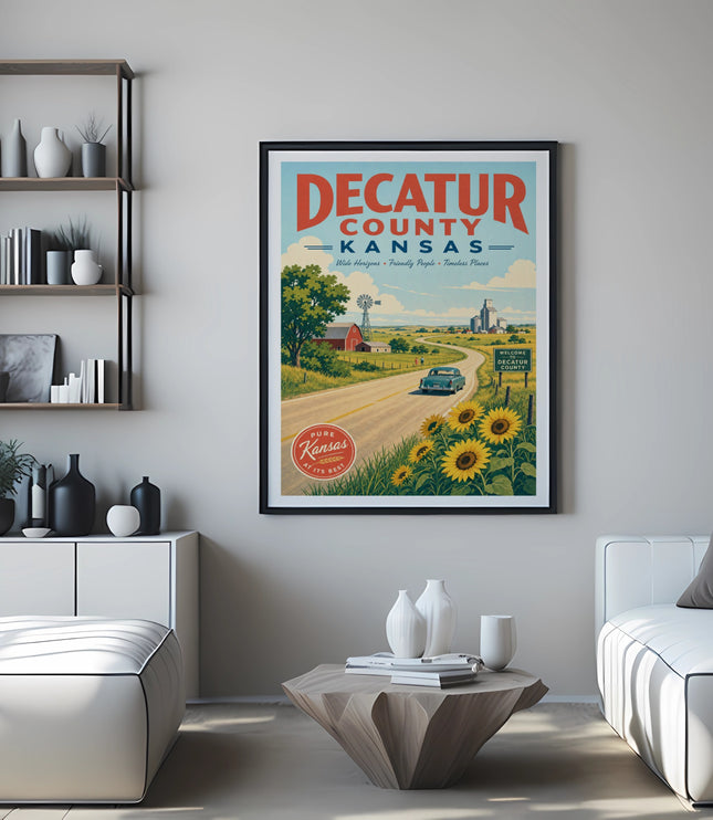 Decatur County, Kansas travel poster with car, sunflowers, and welcome sign.