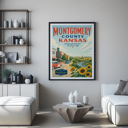 Montgomery County Kansas vintage travel poster with sunflowers and Independence historic town.