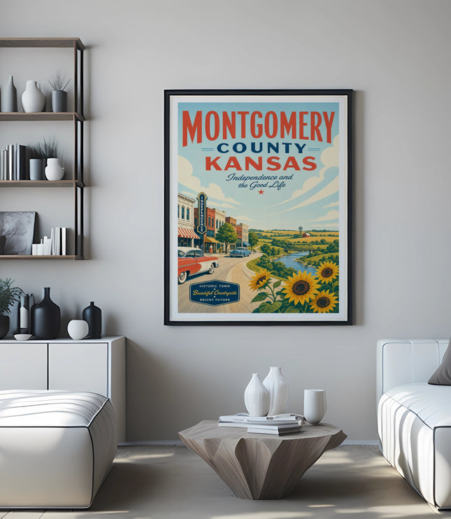 Montgomery County Kansas vintage travel poster with sunflowers and Independence historic town.